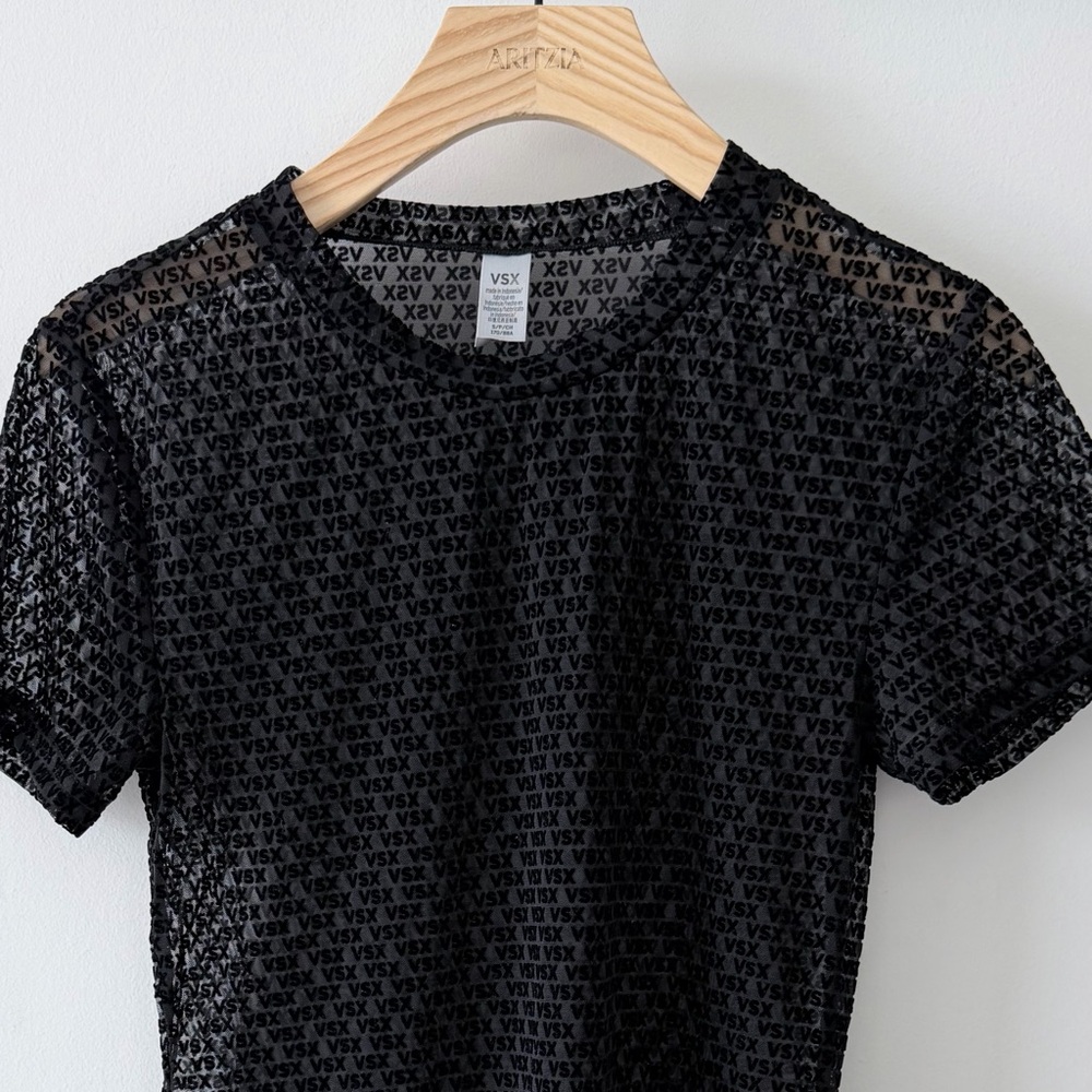 Victoria’s Secret VSX Black Sheer Mesh Logo Tee Y2K Fitted Top Size S - Picture 3 of 9